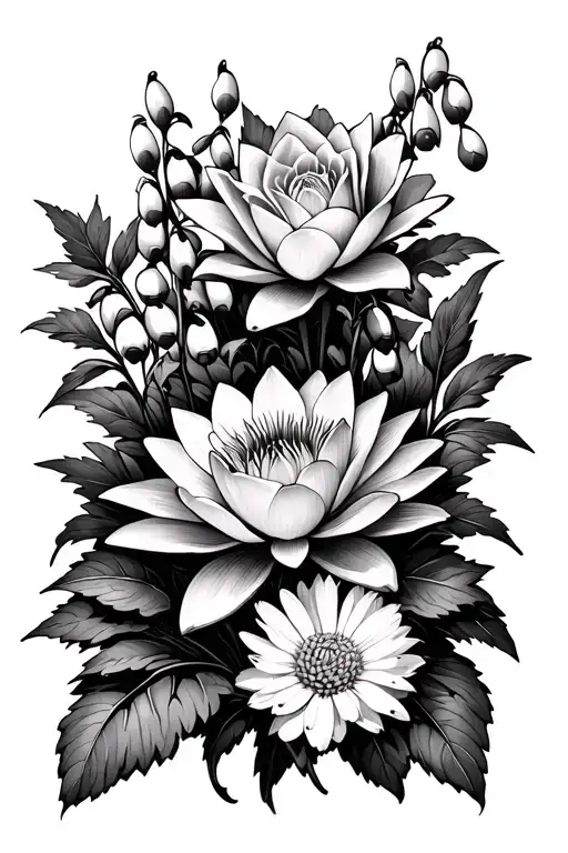 waterlilly flower; rose; lily of the valley flowers;aster flower; marigold flower; on bush dark background  tattoo design idea