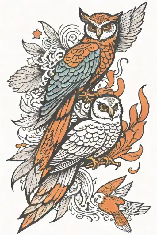 owl, dove and phoenix bird tattoo design idea