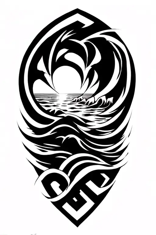 tribal tattoo ocean waves, beach, sunset merging with Greek key tattoo design idea