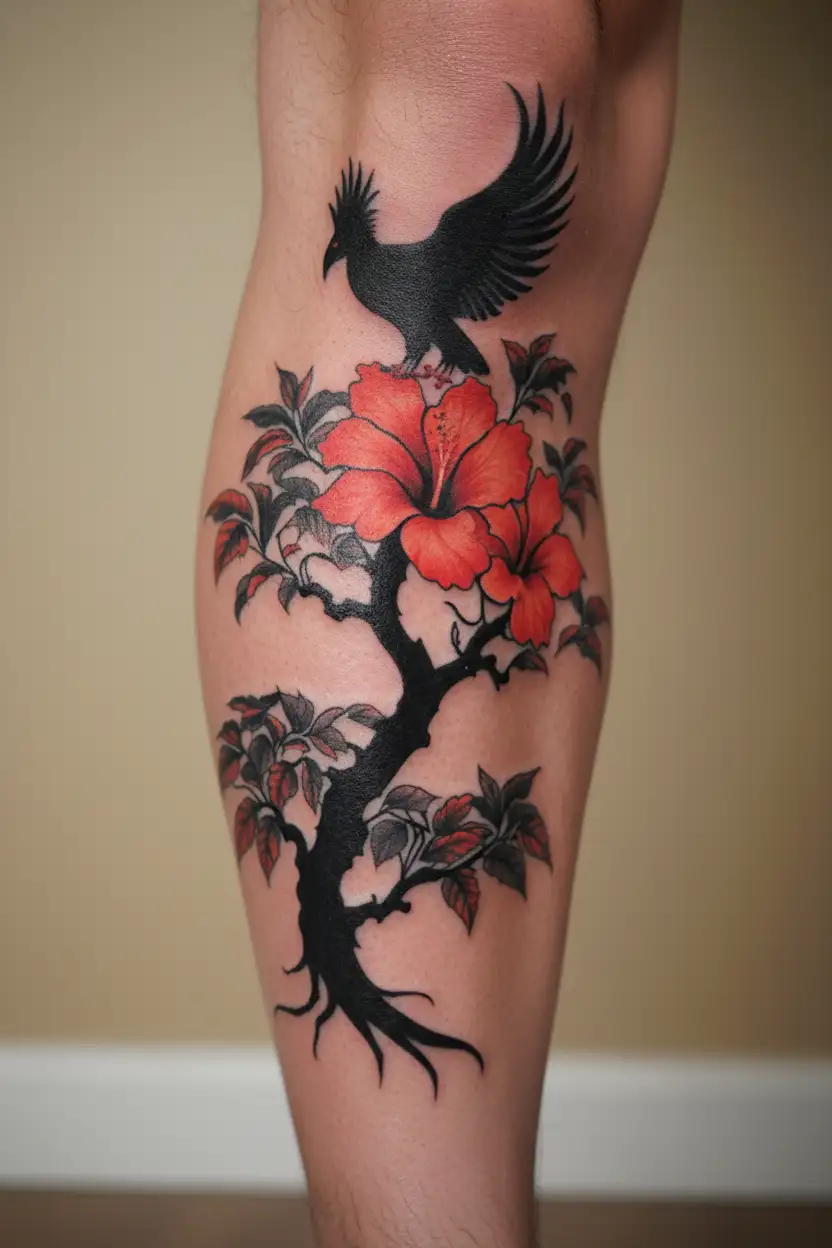 psychedelic hibiscus tree and small phoenix silhoette  tattoo design idea
