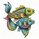 two weird looking fishes in ranbow colors tattoo design idea