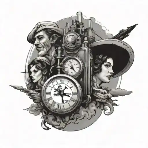 A thrilling composition of a time-traveling adventure with various historical eras colliding tattoo design idea