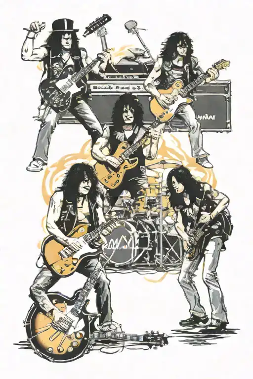 Slash, Angus Young, Malcolm Young, Ace Frehley, and Eddie Van Halen playing under stadium lights tattoo design idea