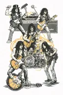 Slash, Angus Young, Malcolm Young, Ace Frehley, and Eddie Van Halen playing under stadium lights tattoo design idea
