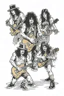 Slash, Angus Young, Malcolm Young, Ace Frehley, and Eddie Van Halen playing under stadium lights tattoo design idea