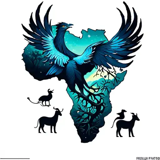 a phoenix with a baby in the rooted tree of life intertwined with a Africa map that has big five animals. tattoo design idea