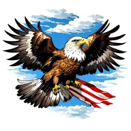 Bald Eagle coming in for a landing with wings spread. The feathers on the wings are the colors of the american flag. tattoo design idea
