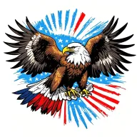 Bald Eagle coming in for a landing with wings spread. The feathers on the wings are the colors of the american flag. tattoo design idea