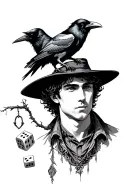 young man with a brimned hat, a raven on his shoulder. dice in background and a hangman's tree. tattoo design idea