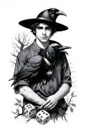 young man with a brimned hat, a raven on his shoulder. dice in background and a hangman's tree. tattoo design idea