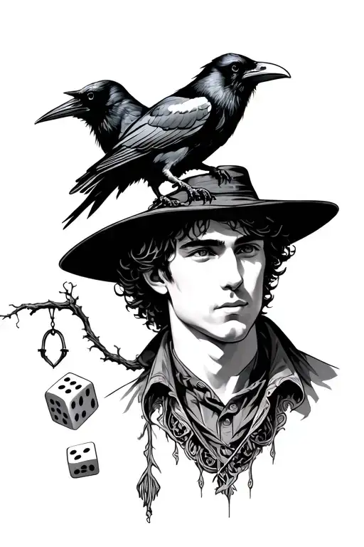 young man with a brimned hat, a raven on his shoulder. dice in background and a hangman's tree. tattoo design idea