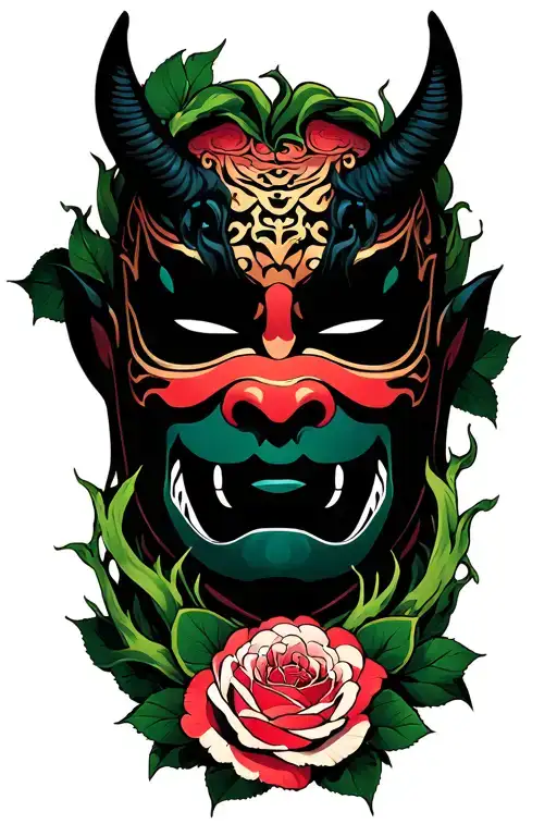 rose and oni mask with green spiky vines tattoo design idea
