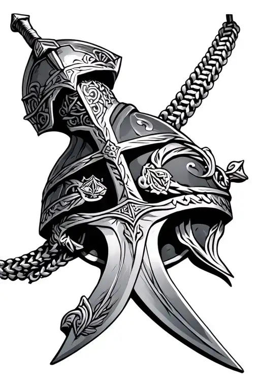 cross necklace sword sheid helmet adorned with symbols tattoo design idea