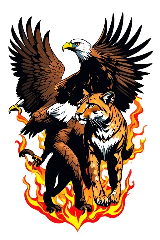 battle royal between a bald eagle and a tan cougar with flames in the background  tattoo design idea