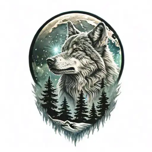 a very realistic wolf howling at the moon, the northern lights, a lot of gray shades, soft shadows and transitions tattoo design idea
