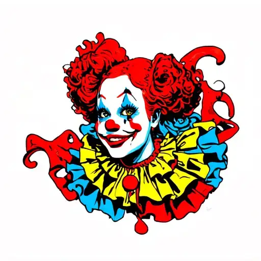 full body woman clown, red blues and yellow  tattoo design idea