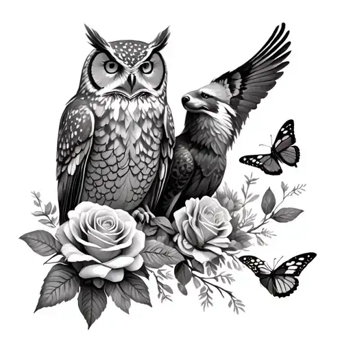 owl, falcon, wolf, butterflies and roses in one picture  tattoo design idea