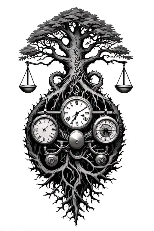 gothic tree of life with midevil roots intertwined with v-twin motor, libra scales and a clock tattoo design idea