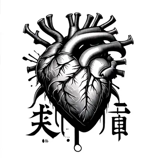 Layered Cyberpunk Heart with Kanji tattoo design idea