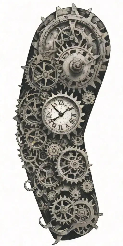 9/8/24, clock gears, sun setting, concrete laborer riding tattoo design idea
