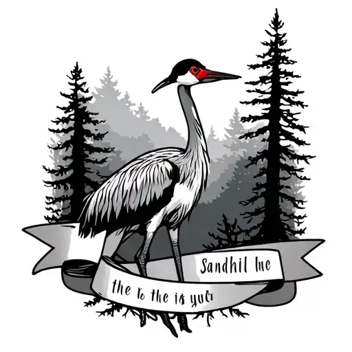 to Sandhill Crane standing together with a woodsy background and ribbon running through it for words tattoo design idea
