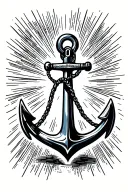 anchor surrounded by light rays coming tattoo design idea