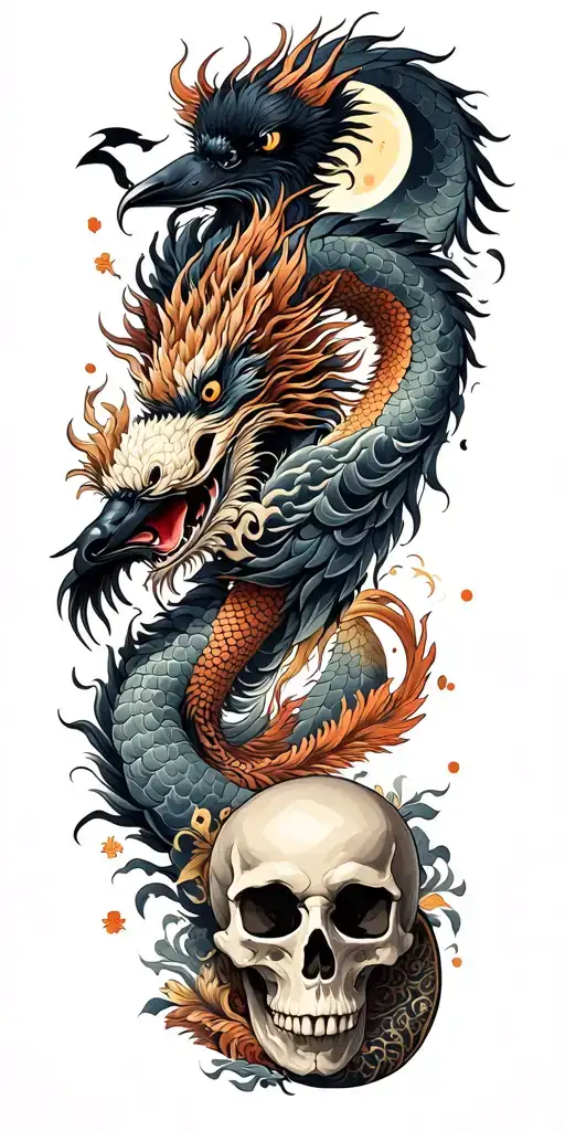 Chinese dragon and phoenix and skull and moon and raven tattoo design idea