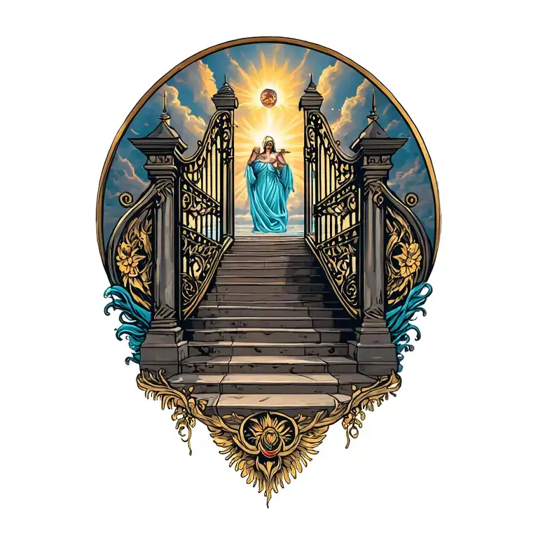 Heaven gates and stairs tattoo design idea