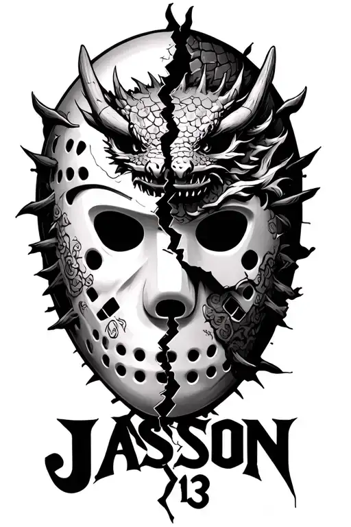 half of a broken Friday the 13th mask with  Japanese dragon the word 'JASON' And the number 13 tattoo design idea