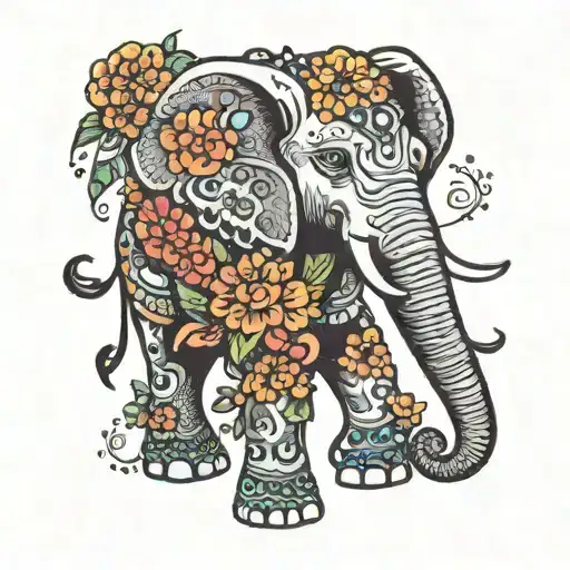 elephant with a trunk up surrounded by vibrant flowers tattoo design idea