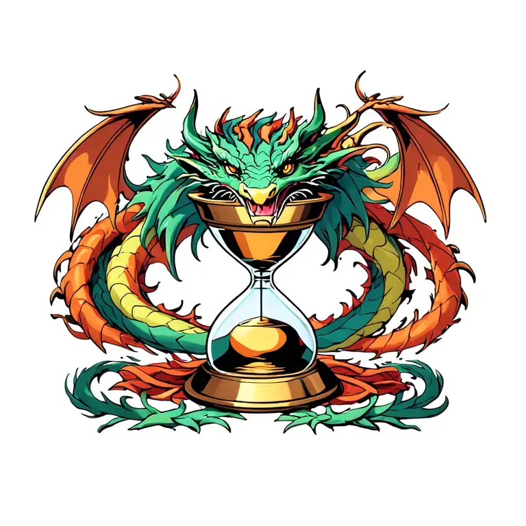  symmetrical chest tattoo design for a man, featuring a powerful but calm dragon wrapping around a classical hourglass.  tattoo design idea