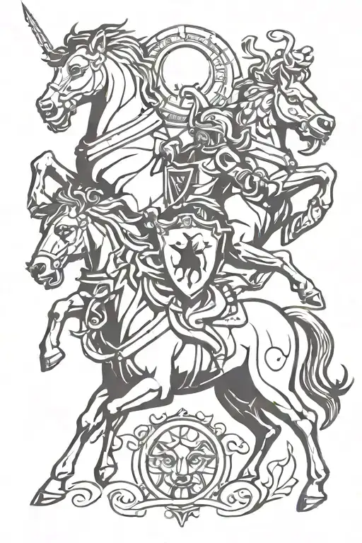 spain knight horse bull and lion tattoo design idea