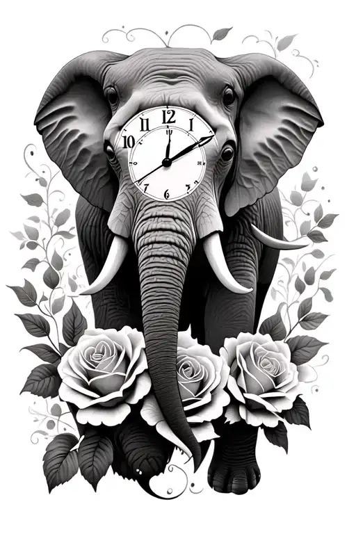 elephant, clock face, roses tattoo design idea