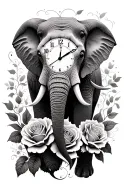 elephant, clock face, roses tattoo design idea