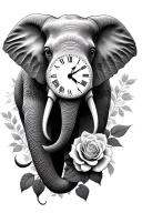 elephant, clock face, roses tattoo design idea