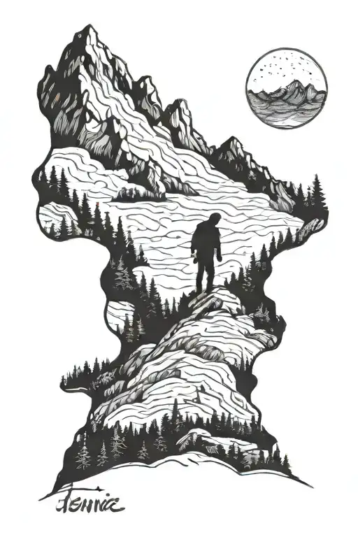 mountain, alpine forest and a person waiting in the hope to meet his lost love again and write "TENNIE" in English tattoo design idea