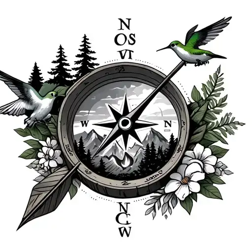 Hunting arrow compass with a forest and mountains in the compass and a campfire with humming birds and flowers on the fo tattoo design idea