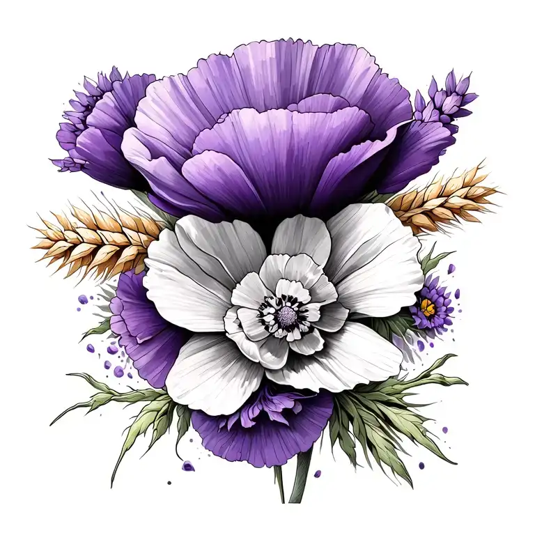 Ankle tattoo from wheat, poppy flower, violet and daffodil tattoo design idea