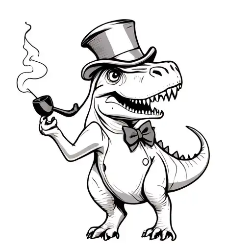 cartoon cheerful t rex with thick black eyebrows wearing a top hat and bow tie smoking a pipe tattoo design idea
