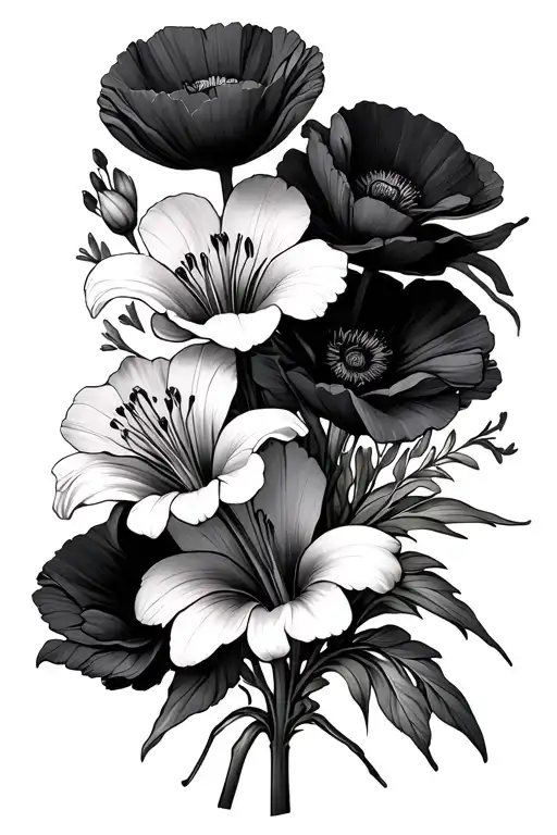 A bouquet of flowers with only poppies, scilla nana and lilies tattoo design idea
