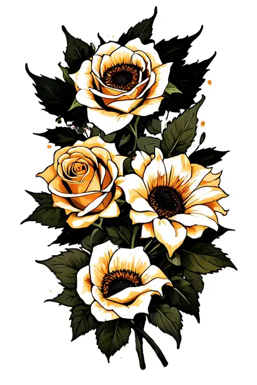 Roses, lilys, and sunflowers blooming tattoo design idea