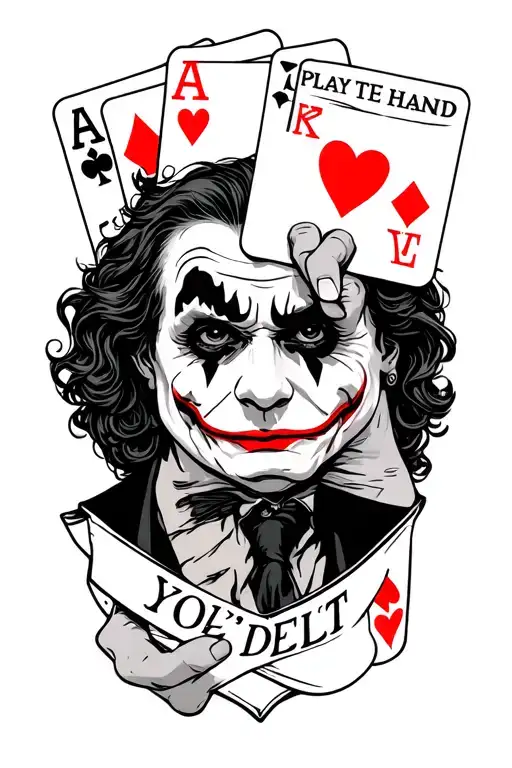 hand holding 3 cards. joker and 2 hearts. the words play the hand you're delt placed somewhere  tattoo design idea