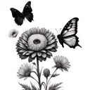 2 marigold flowers to cosmos flowers and 3 butterflies  tattoo design idea