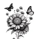 2 marigold flowers to cosmos flowers and 3 butterflies  tattoo design idea