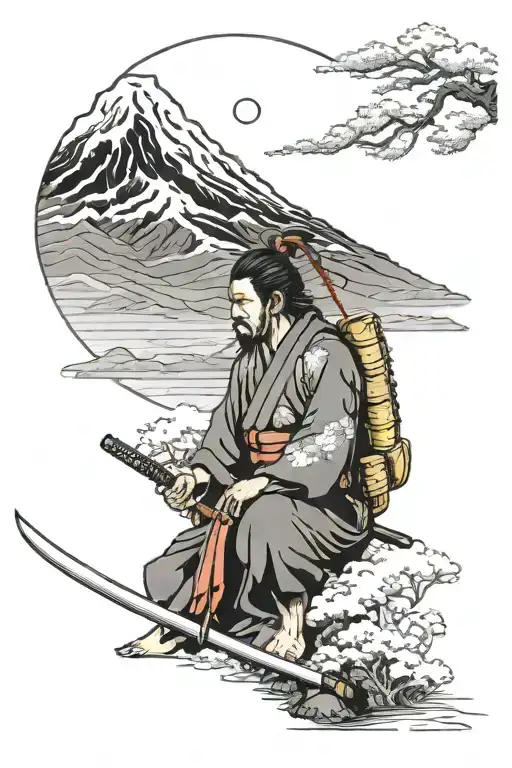 Mount Fuji and samurai warrior sit alone tattoo design idea