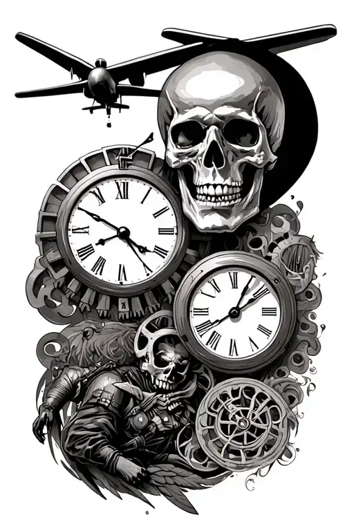 sleeve tattoo, skeleton, time piece showing gears, paratrooper and parachute scene, good vs evil theme, C130 tattoo design idea