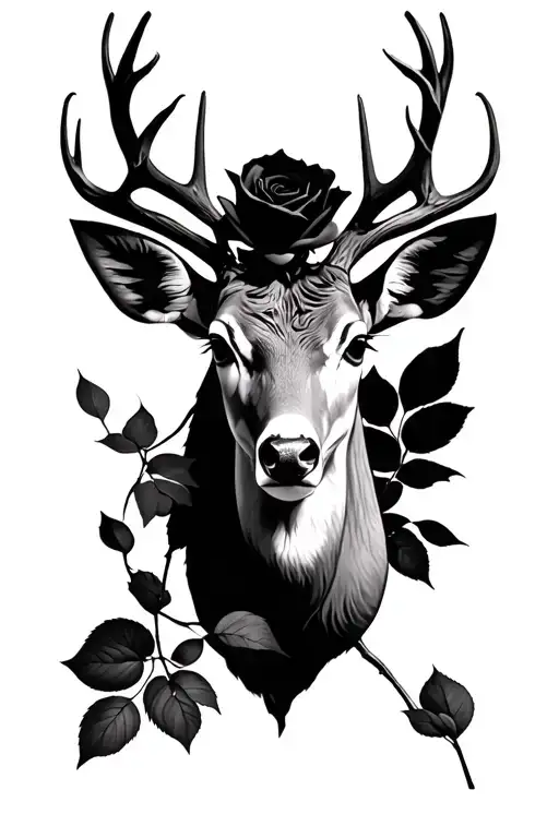 A rose that loses its petals in an air flow below it from the late light deer wood on each side of tattoo design idea