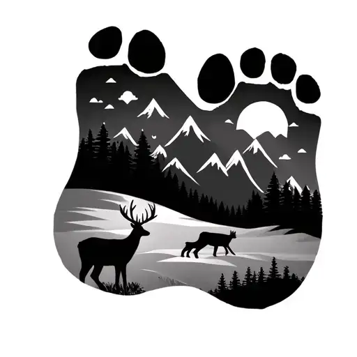 baby footprint with mountains and deer in the footprint tattoo design idea