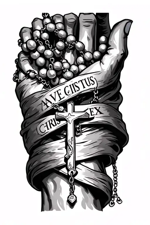 rosary wrapped around forearm with text AVE CHRISTUS REX tattoo design idea
