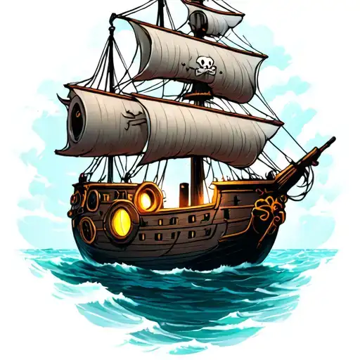 Gloomy pirate ship in two tiers, in the middle of the sea. In the porthole lights light, Bushprite in the form of a female body. tattoo design idea